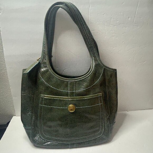 VTG Coach Ergo Teal Patent Shoulder Julia Legacy MultiStripe Satin Lining 11012 - Picture 1 of 14